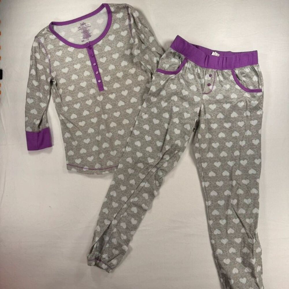 Justice pajamas Girls Sz 12 Hearts on grey, purple trim